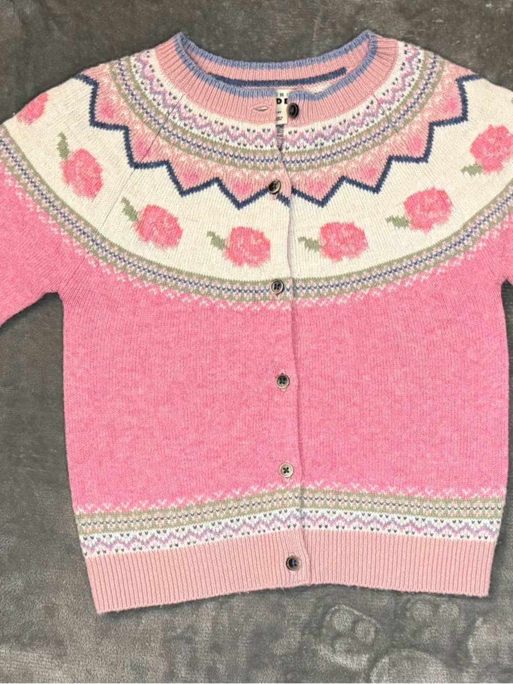 Mini Boden Girls Floral Fair Isle Cardigan Pink Knit Sweater Size 7-8Y
